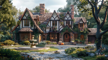 A tudor house with a brick garage and a fountain in the driveway. - obrazy, fototapety, plakaty