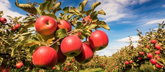 A tree overflowing with bright red apples stands beneath a clear blue sky, showcasing a bountiful harvest in a picturesque orchard setting. The apples are ready for picking, making for a stunning