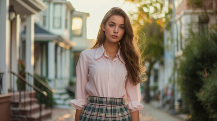 Elevate your preppy style with a light pink collared blouse tucked into a pleated plaid skirt and paired with pumps for a sophisticated touch. Perfect for a day of touring