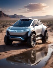 Fototapeta na wymiar The innovative electric SUV reflects its cutting-edge silhouette against a desert sunset, surrounded by the vastness of nature. Its illuminated detailing and aggressive stance suggest a new era of eco