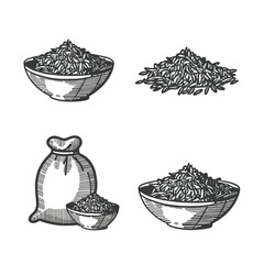 Monocrhome rice grain in sacks and bowls vector set