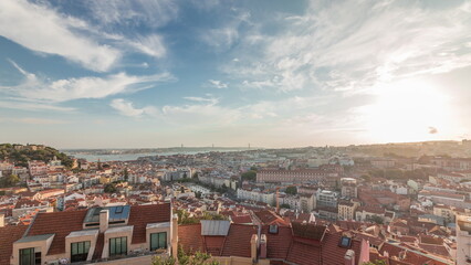Obraz premium Panorama showing Lisbon famous aerial view from Miradouro da Senhora do Monte tourist viewpoint timelapse