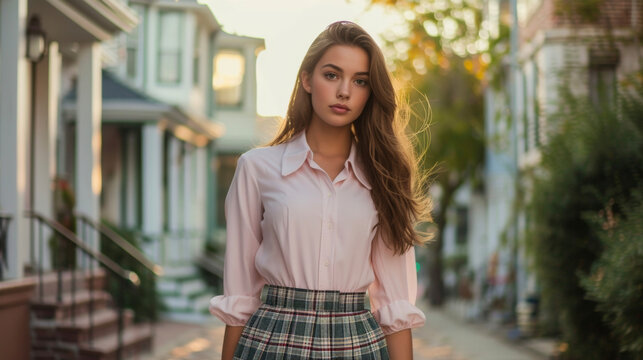 Elevate your preppy style with a light pink collared blouse tucked into a pleated plaid skirt and paired with pumps for a sophisticated touch. Perfect for a day of touring
