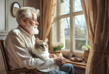 Joli portrait d'un homme âgé à la fenêtre tenant son chat sur ses genoux 