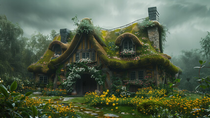 A tudor house with a cob garage and a green roof with plants. - obrazy, fototapety, plakaty