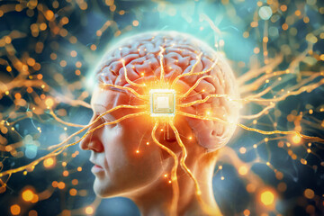 Profil d'un homme synthétique le cerveau apparent avec un implant cérébral, projections lumineuses, système neuronal   - obrazy, fototapety, plakaty