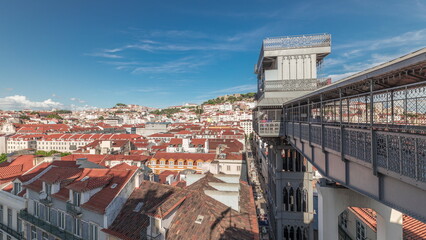 Panorama showing Alfama and Baixa districts of Lisbon aerial timelapse from anta Justa lift,...