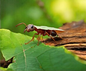 A leaf-cutter ant hauls a leaf chunk across a tree log, a tiny titan of industry in the forest's...