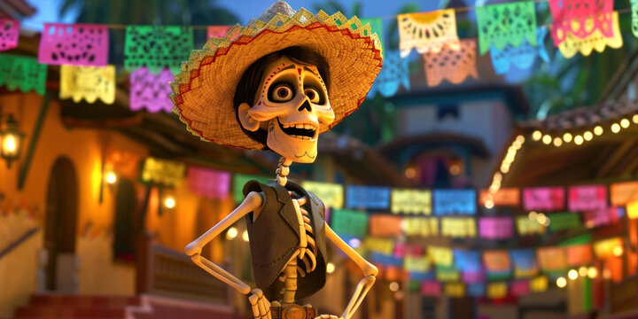 cartoon funny skeleton in sambrero hat standing on a mexican festively decorated street, for cinco de mayo, poster