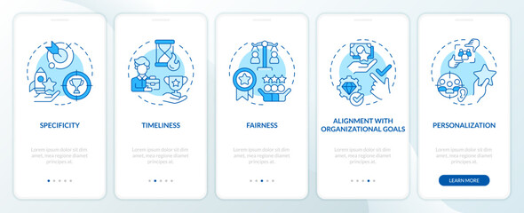 Employee recognition criteria blue onboarding mobile app screen. Walkthrough 5 steps editable graphic instructions with linear concepts. UI, UX, GUI template. Myriad Pro-Bold, Regular fonts used - obrazy, fototapety, plakaty