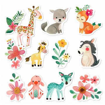 Set of cute animals and flowers. Flat and simple design style for baby, children illustration.