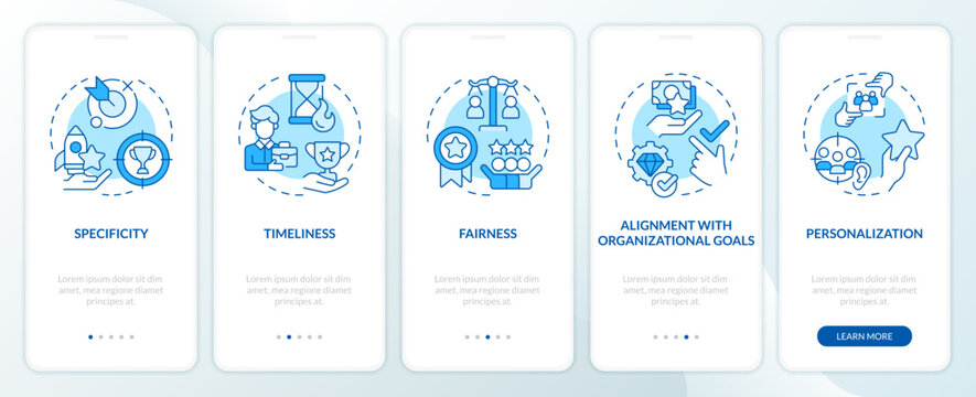 Employee recognition criteria blue onboarding mobile app screen. Walkthrough 5 steps editable graphic instructions with linear concepts. UI, UX, GUI template. Myriad Pro-Bold, Regular fonts used