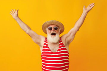 cool funky elderly guy dressed striped red swimsuit dancing having fun isolated yellow color...