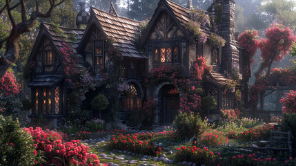 A tudor house with a glass garage and a flower garden in front.