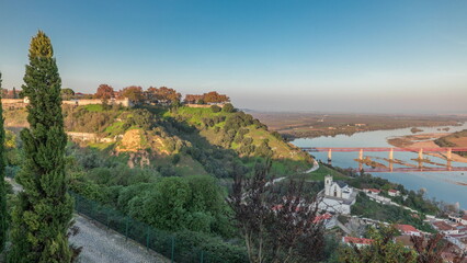 Fototapeta na wymiar Panorama showing the Castle of Almourol on hill in Santarem aerial timelapse. Portugal