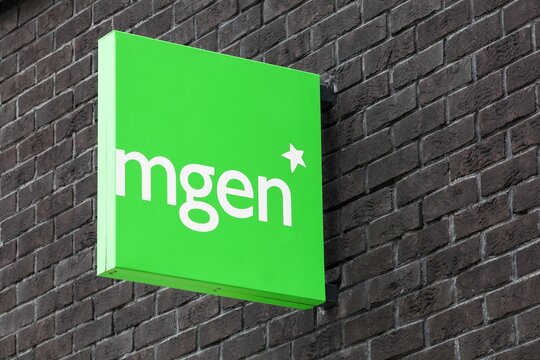 Bourg, France - July 26, 2023: MGEN logo on a building. The mutuelle g&eacute;n&eacute;ral de l'&eacute;ducation nationale, designated MGEN, is a French mutual health insurance company, which is part of the VYV Group