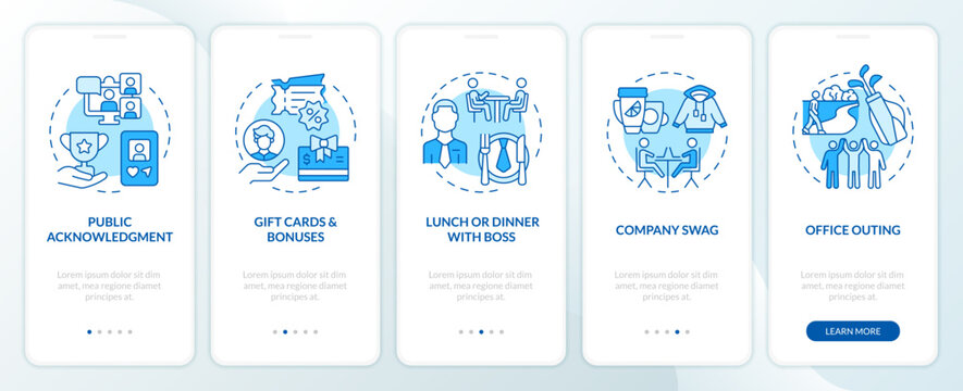 Employee recognition ideas blue onboarding mobile app screen. Walkthrough 5 steps editable graphic instructions with linear concepts. UI, UX, GUI template. Myriad Pro-Bold, Regular fonts used