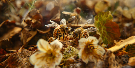 Bee Nectar Dance Two bees perform a waggle dance to communicate the location of flowers, showcasing the complex language and social structure of bees photography
