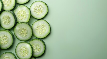 Mouthwatering zucchini slices over a pale green backdrop and space, Generative AI.
