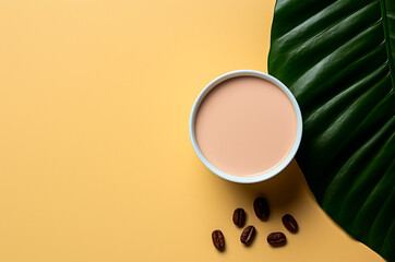 Glass with coffee with milk top view, palm leaf