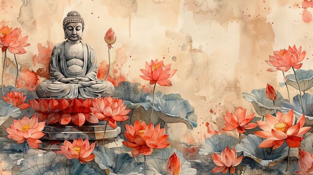 Watercolor illustration of a Buddha statue among red lotus flowers with a vintage background. Banner with place for text
