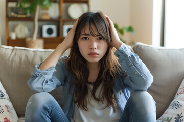 Dissatisfied and angry young Japanese woman sitting on sofa at home and covering ears from excessive noise