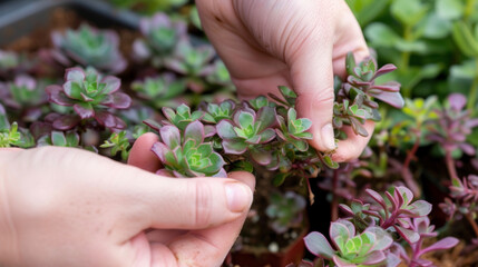 A gardeners fingers deftly pluck a handful of tiny succulent leaves from a small plant in a pot. The leaves are a deep purple hue dappled with s of bright green and give off