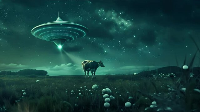 Cow and an extraterrestrial being. Rural country background. Ai generated. Space travel and technology concept.