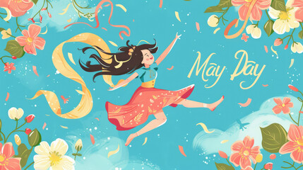 Fototapeta na wymiar May Day, Incorporate whimsical illustrations of blooming flowers and dancing ribbons 