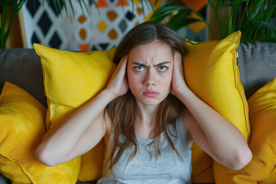 Dissatisfied and angry young woman sitting on sofa at home and covering ears from excessive noise