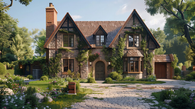 A tudor house with a stone garage and a red brick chimney.