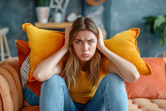 Dissatisfied and angry young woman sitting on sofa at home and covering ears from excessive noise