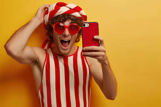 Excited guy tourist make selfie blogging wear red striped swim suit set isolated bright color background
