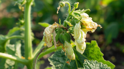 The flower now withered and shriveled showing signs of successful pollination as a tiny developing vegetable begins to take shape in its place.