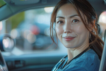 Female nurse sitting in car, going home from work. Female Japanese doctor driving car to work, on-call duty. Work-life balance of healthcare worker.