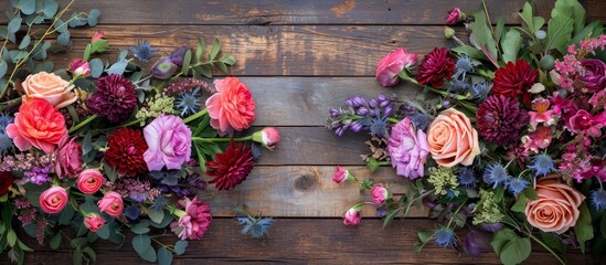 A beautiful bouquet of assorted flowers, including pink roses and magenta petals, is displayed on a wooden table in a creative arts building.