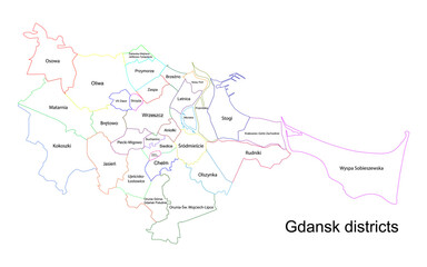 Map of the districts of Gdansk. Vector map of Gdansk and its districts. Highly detailed vector outline, black silhouette. All isolated on white background