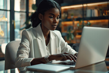 Focused Black business woman typing at laptop in office closeup. Girl surfing internet