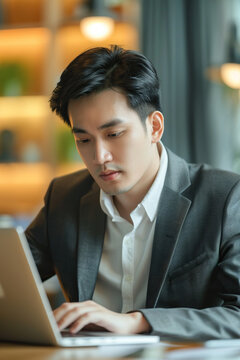 Focused Asian business man typing at laptop in office closeup. Guy surfing internet