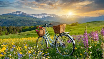Obraz premium Scenic Bicycle Ride: Sunset Serenity Amidst Wildflowers and Mountains