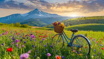 Scenic Bicycle Ride: Sunset Serenity Amidst Wildflowers and Mountains"