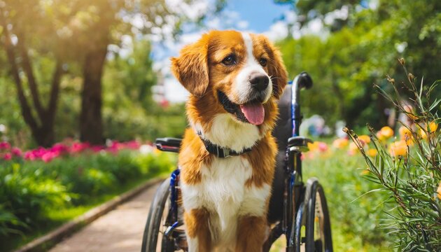 Wheeling Happiness: Resilient Dog in Wheelchair Enjoying Park Stroll"