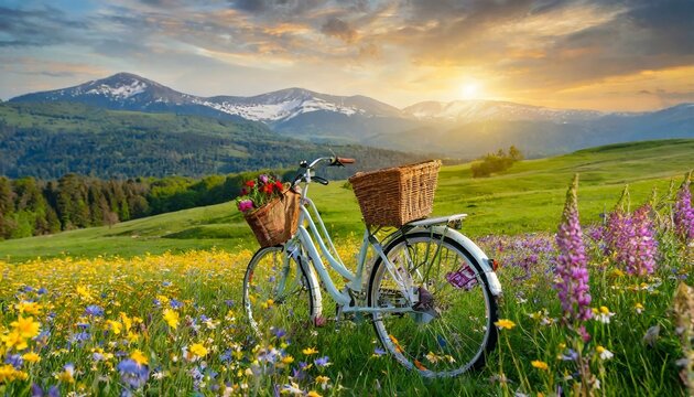 Scenic Bicycle Ride: Sunset Serenity Amidst Wildflowers and Mountains"