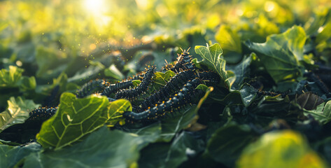 Caterpillar Army Feasting A large group of caterpillars munch on leaves, showcasing their collective power to consume vegetation  photography - obrazy, fototapety, plakaty