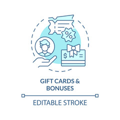 Gift cards and bonuses soft blue concept icon. Employee recognition. Work bonuses and perks. Team members appreciation. Round shape line illustration. Abstract idea. Graphic design. Easy to use