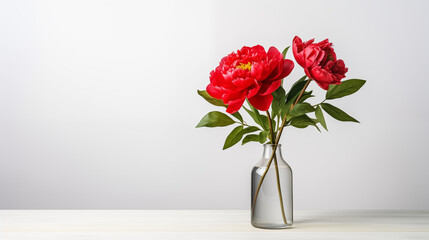 Pivoines rouges, fleurs dans un vase transparent. Arrière-plan blanc. Espace vide de composition. Fleur, nature, plante. Printemps. Fond pour conception et création graphique.