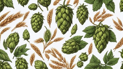 Hand-Drawn Hops And Wheat Illustrations, Isolated On White - obrazy, fototapety, plakaty
