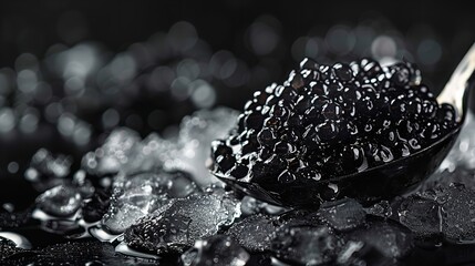 Over a dark backdrop, over ice a caviar spoon is used to serve black fish caviar and space, Generative AI.