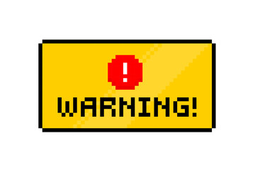 Warning - notice window in retro 8-bit style. Warning message with simple pixel graphics window. 1990s technology caution notice interface message. Geek style