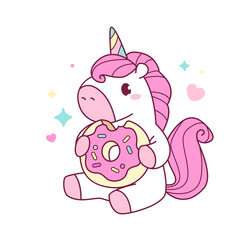 Obraz na płótnie Canvas Cartoon Pink Unicorn Pony character hug donut kids apparel print design. Fairytale pony animal. Cute Kawaii Fat Unicorn sticker or badge. Perfect for birthday party, party
